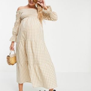 Off the shoulder long sleeve tiered gingham maternity dress